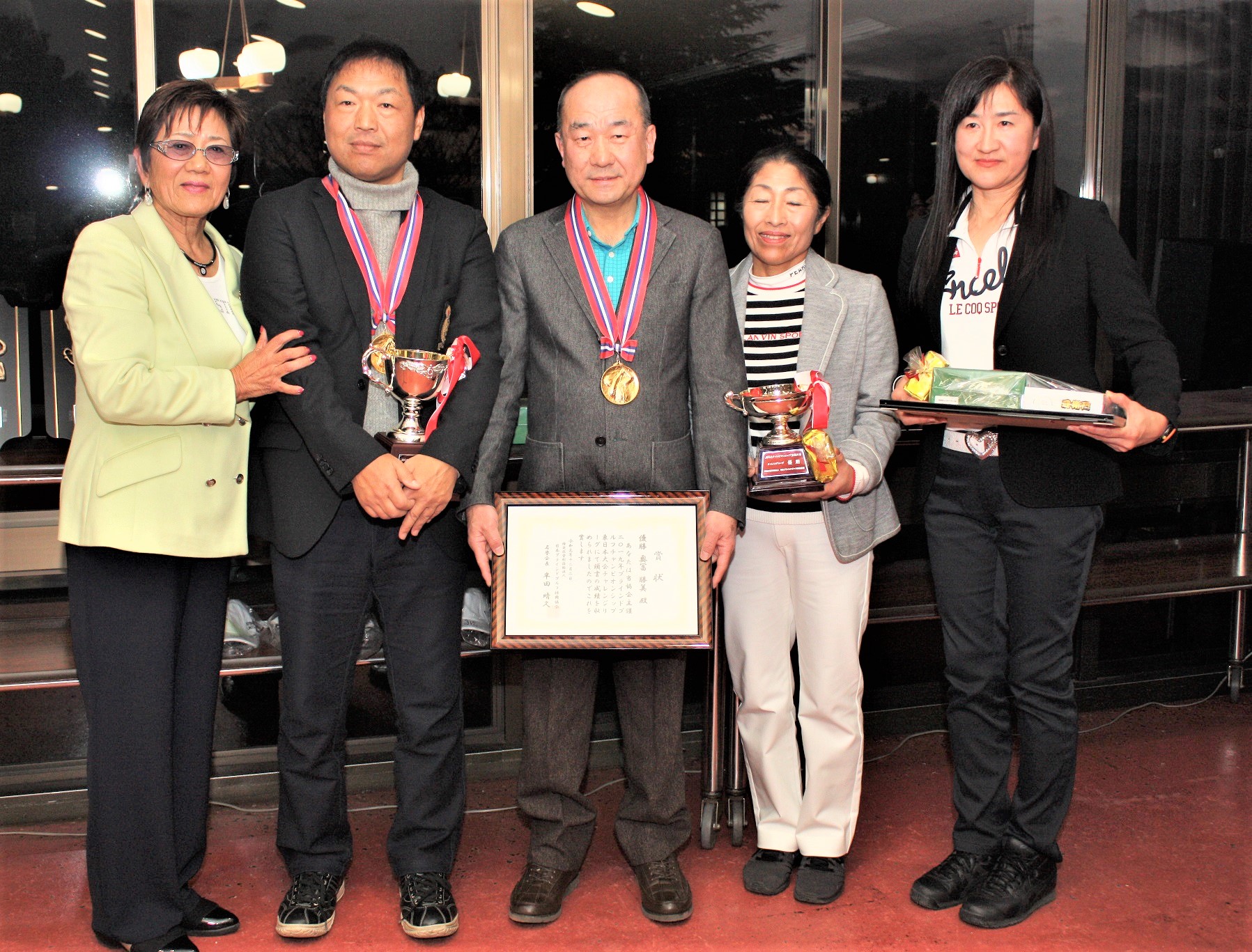 優勝：レギュラーリーグ：田中義昭 さん（佐東信子さん）、チャレンジリーグ：奥冨勝美 さん （長谷川浩子さん）、と岡田美智子プロ